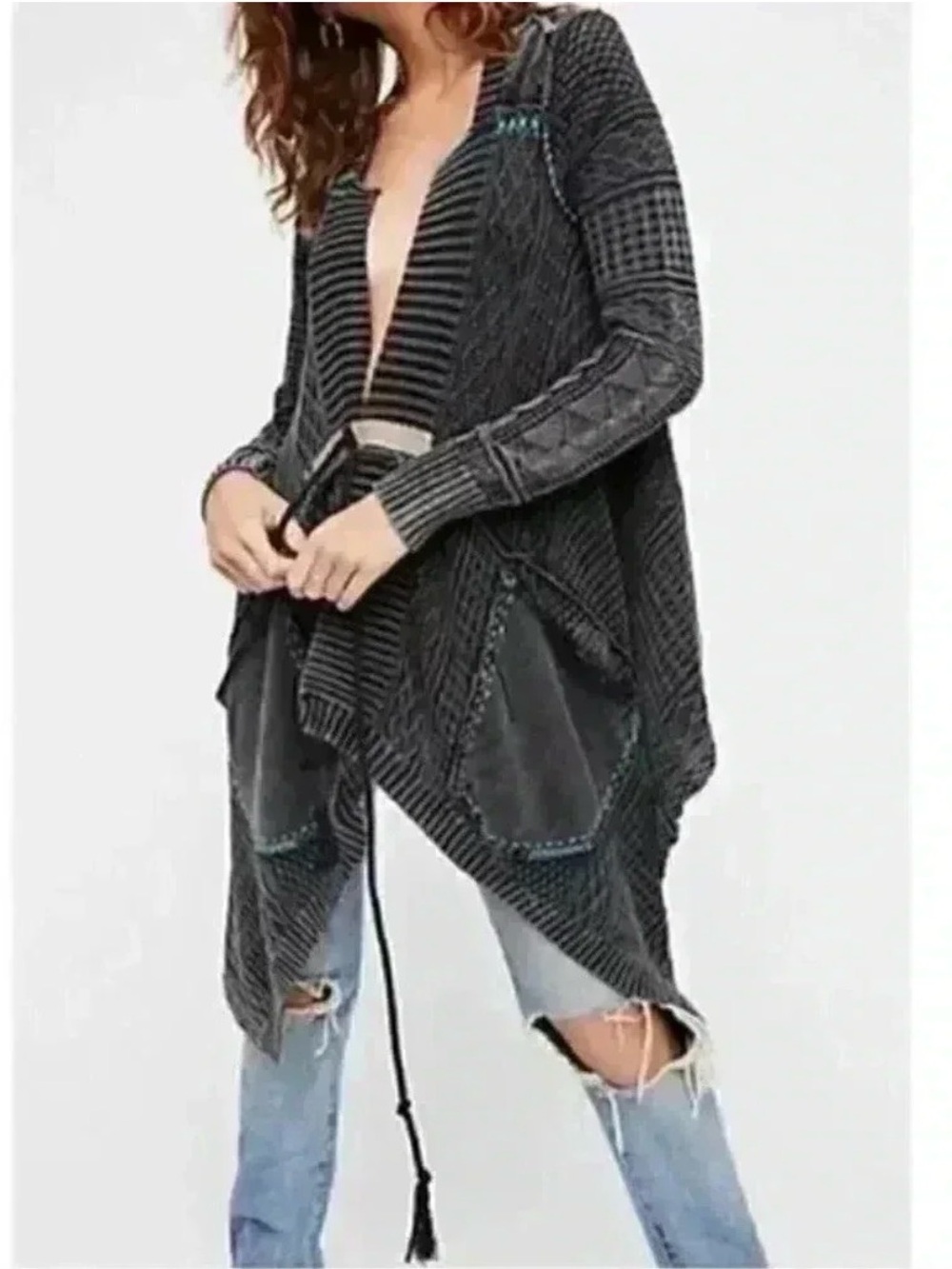 Free People Washed Out Charcoal Draped Knit Cardigan